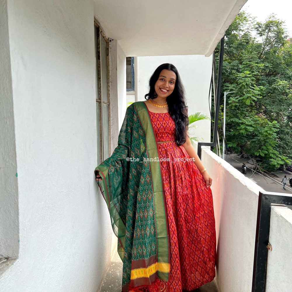 Red pure silk ikkat lehenga and blouse with duppatta