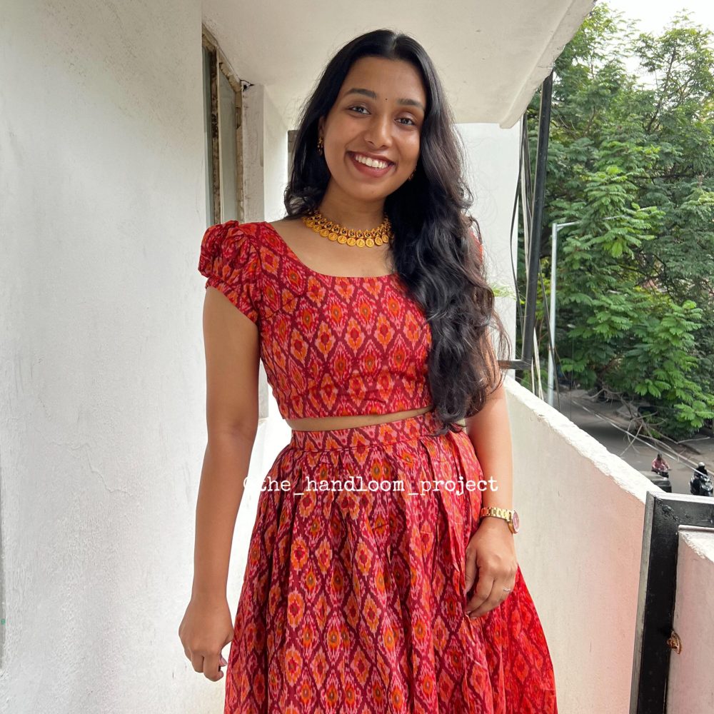 Red pure silk ikkat lehenga and blouse with duppatta - Image 2