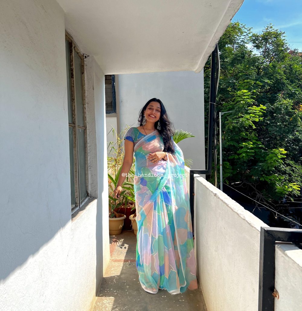 Green organza saree with blouse