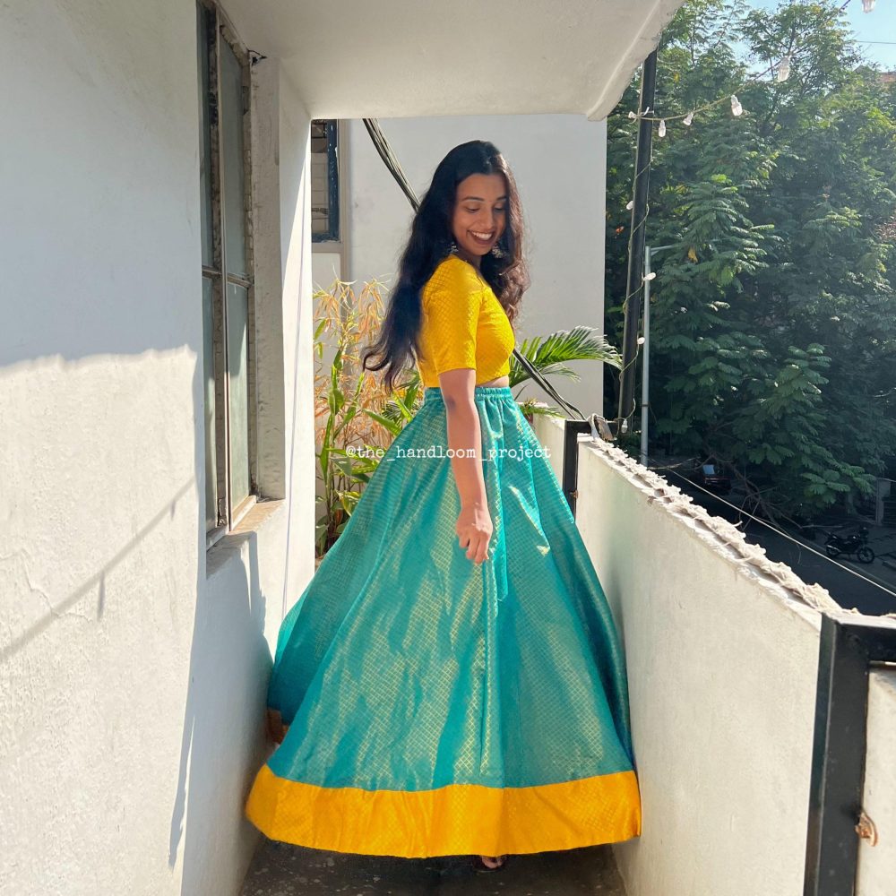 Blue and yellow brocade lehenga with blouse - Image 3