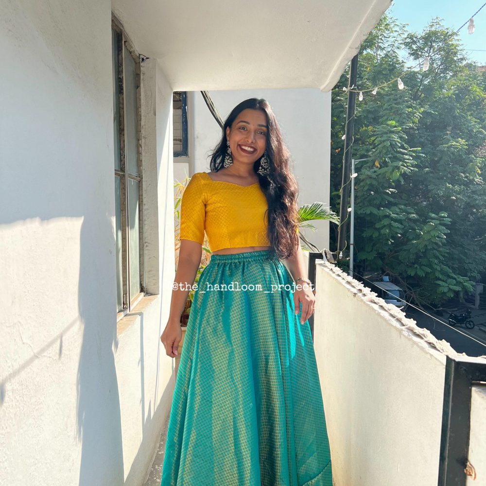 Blue and yellow brocade lehenga with blouse - Image 4