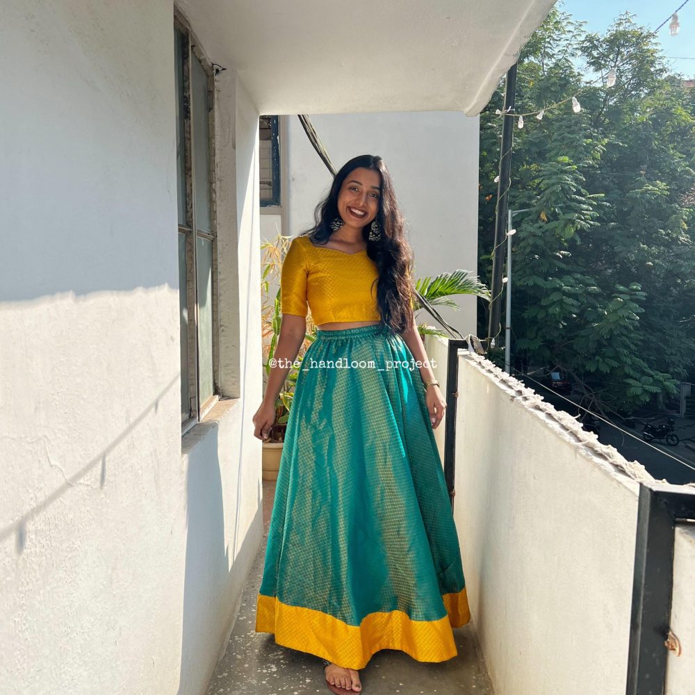 Blue and yellow brocade lehenga with blouse