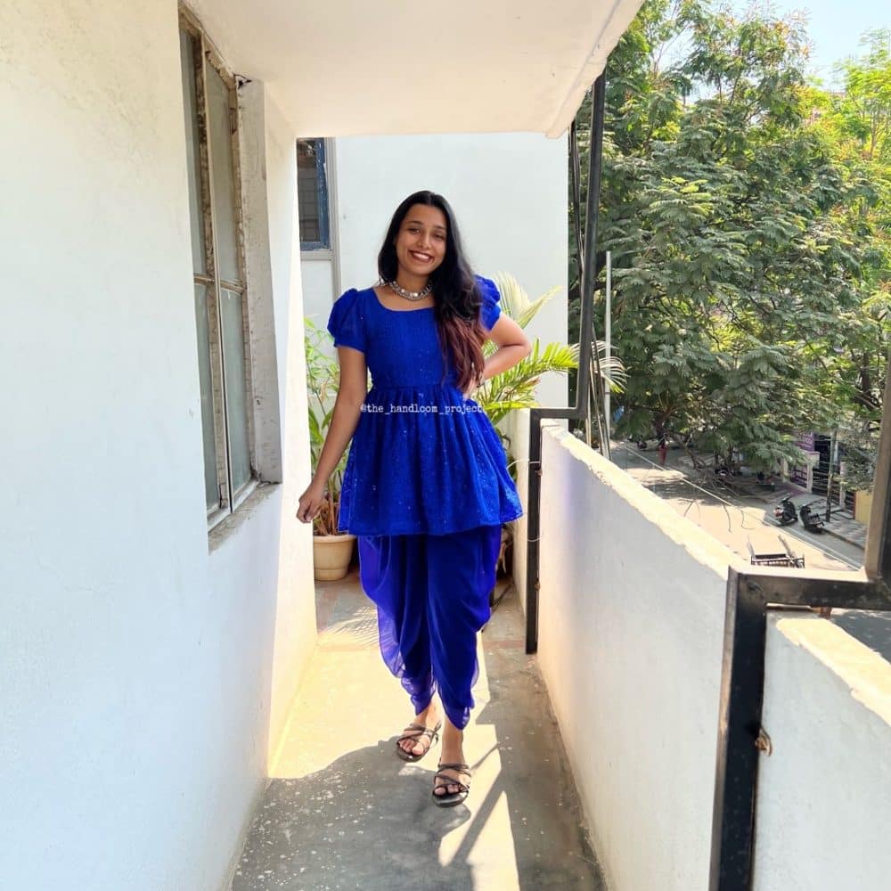 Royal blue chikankaari kurti with dhothi