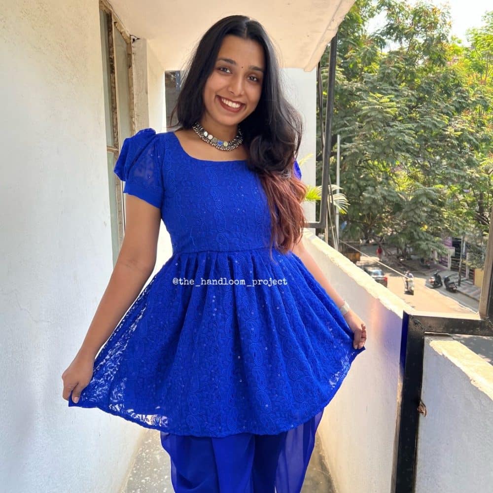 Royal blue chikankaari kurti with dhothi - Image 2