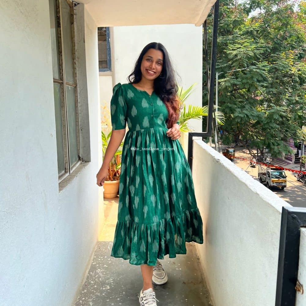 Green ikkat buttoned dress